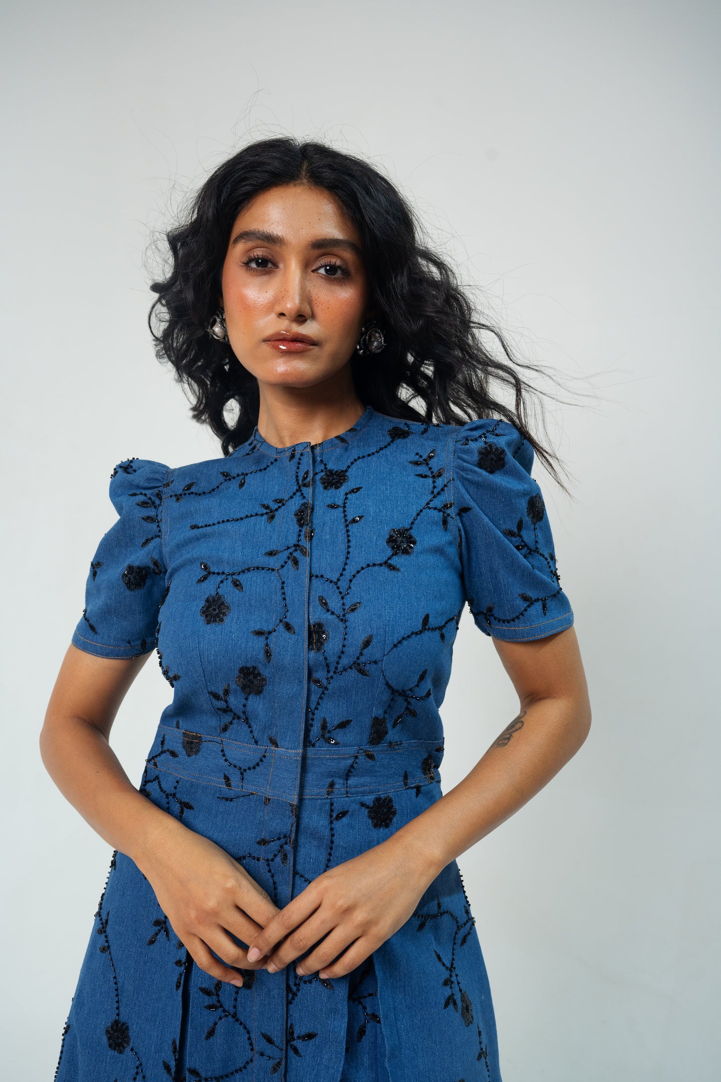 Denim Cutdana Balloon Dress