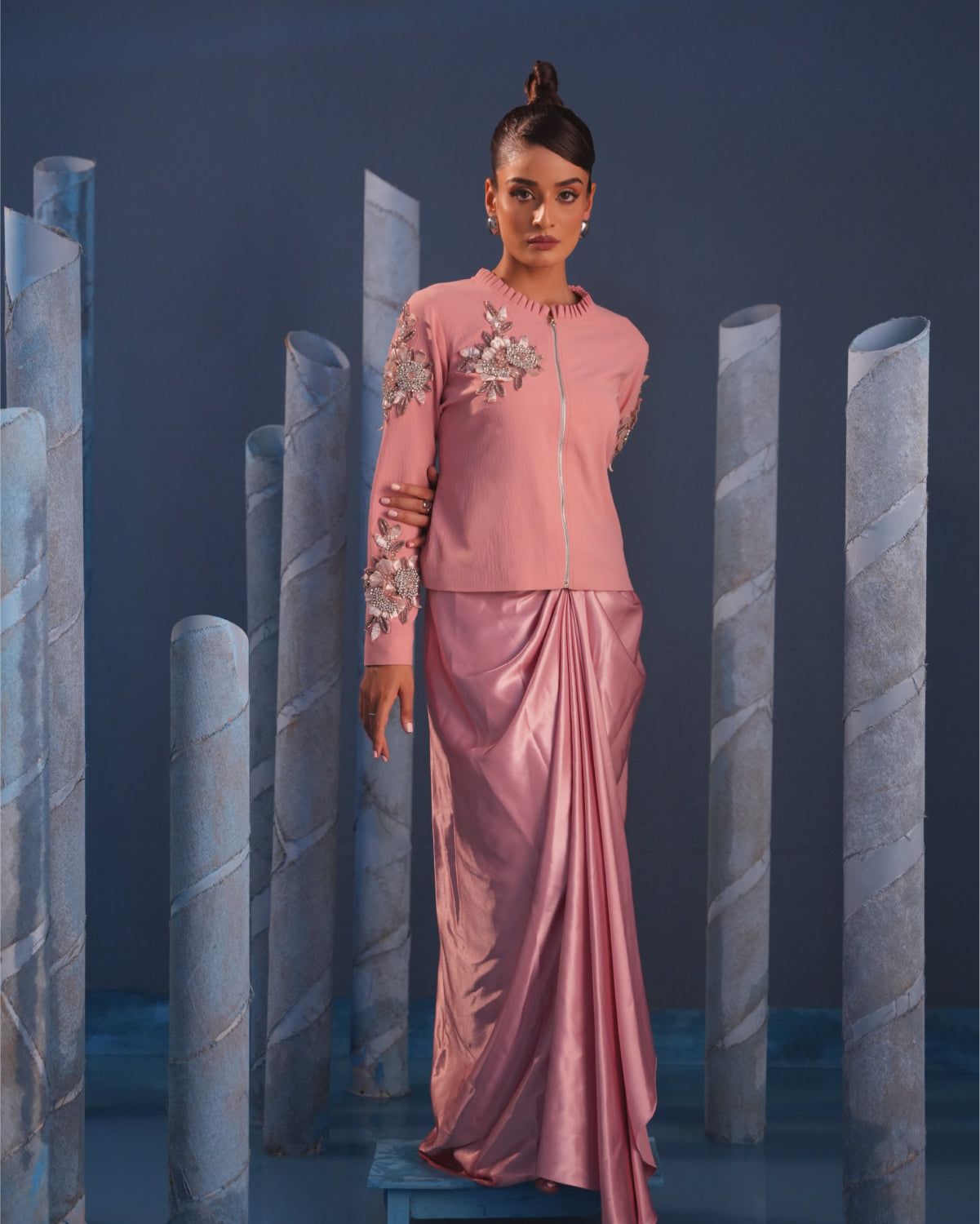 SWARVOSKI CORAL JACKET WITH DRAPE SKIRT