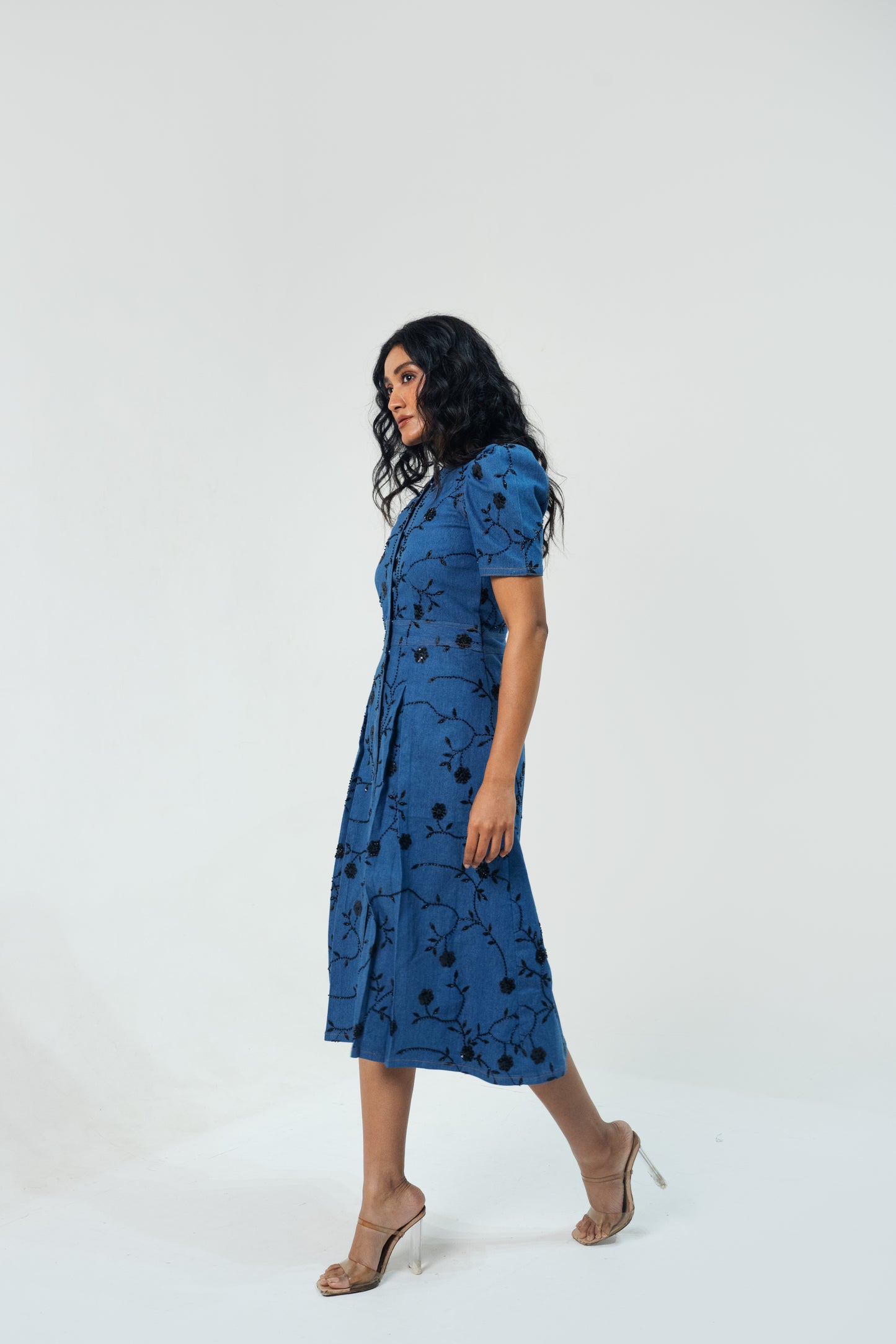 Denim Cutdana Balloon Dress