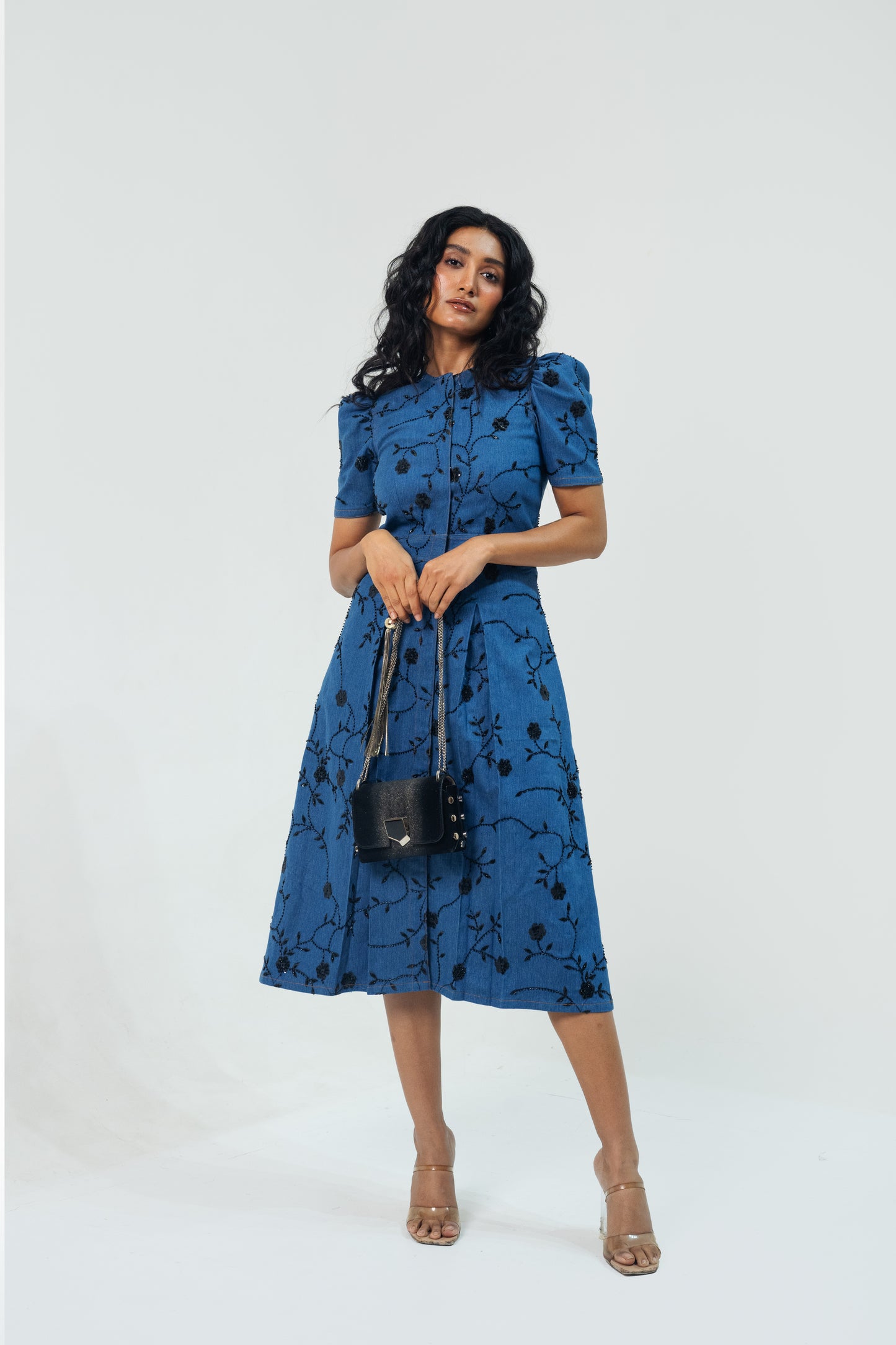 Denim Cutdana Balloon Dress