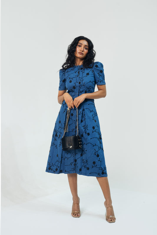 Denim Cutdana Balloon Dress