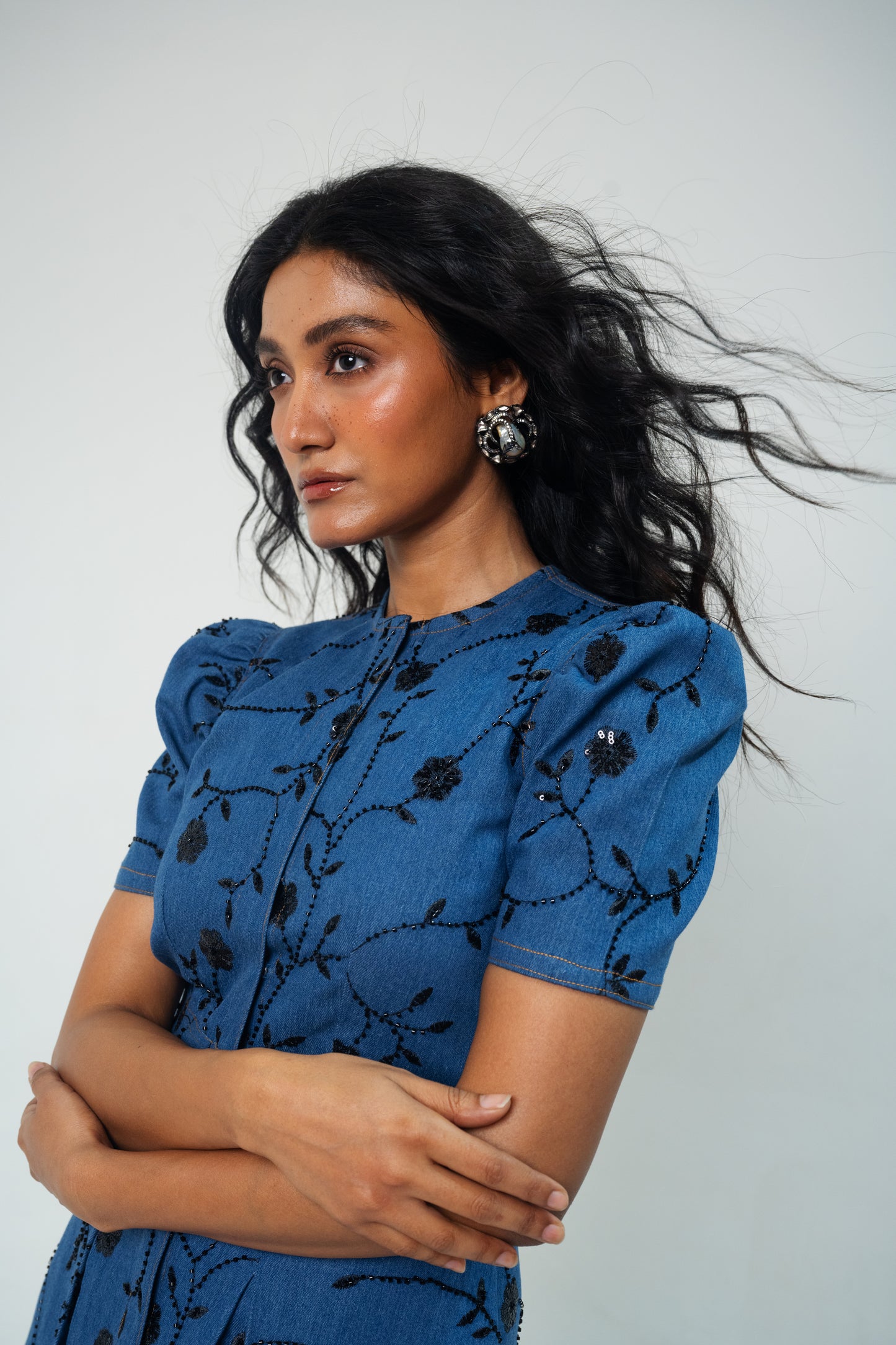 Denim Cutdana Balloon Dress